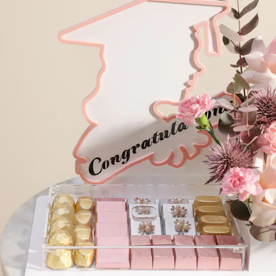 Floward Graduation Chocolate and Flowers Pink Tray