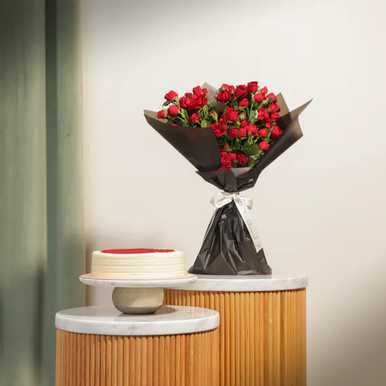 Munch Bakery Red Velvet Cake | Red Flowers Bouquet