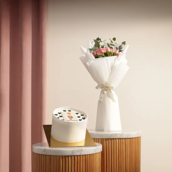 Floward Personalized Photo Black Heart Cake | Amber Glow Flower Bouquet