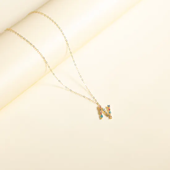 L'azurde Letter N Colored Stones Gold Necklace