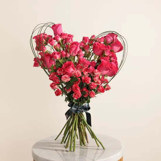 Stunning Fuchsia Rose Heart Bouquet