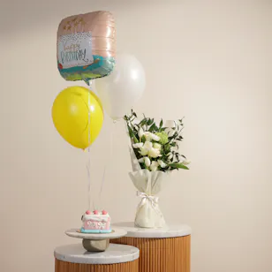 Floward Birthday Red Velvet Cake | Shinny Flowers Bouquet with Elegant Balloon Set Floward Birthday Red Velvet Cake | Shinny Flowers Bouquet with Elegant Balloon Set