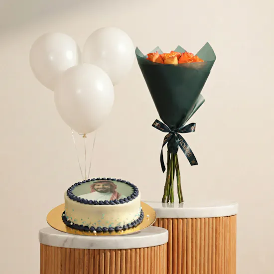Floward Personalized Photo Chocolate Blue Cake | Shiny Flowers Bouquet and White Balloons