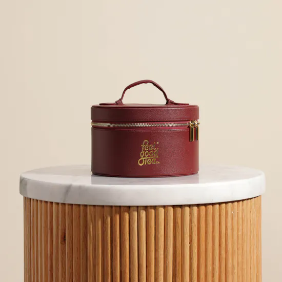Feel Good Tea Burgundy Leather Bag | Lovely Blooms Vase