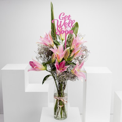 Get Well Soon Pink Lilies Vase