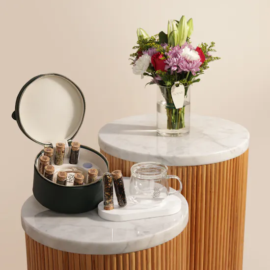 Feel Good Tea Green Leather Tea Bag Set | Refined Loving Flower Vase
