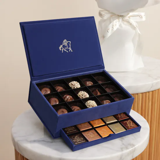 Godiva Small Navy Blue Royal Chocolate Box | White Flower Bouquet