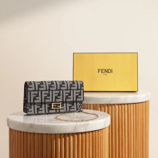 Fendi Blue Denim-Effect FF Jacquard Wallet On Chain Baguette