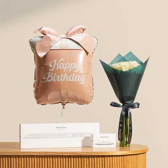 Apple White Magic Keyboard and Mouse Set | Birthday Balloon and Flowers