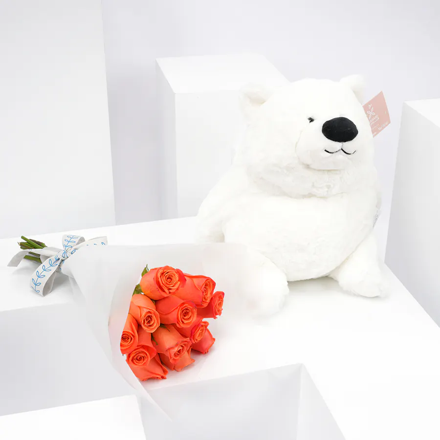 Floward Plush Bear with 12 Orange Roses Bouquet 2