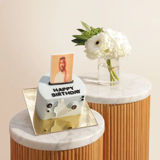 Floward Personalized Photo Blue Camera Cake | Symphony Flower Vase
