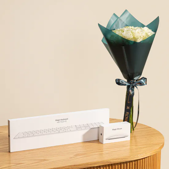 Apple White Magic Keyboard and Mouse Set | Birthday Balloon and Flowers