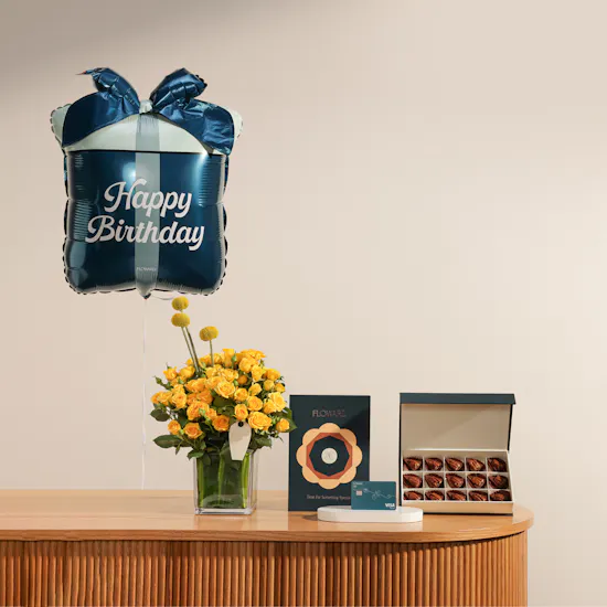 Floward Card 50 KWD and Chocolates | Happy Birthday Balloons and Flower