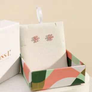 Miss L' by L'azurde Flower Diamond & Pink Stones Stud Earrings