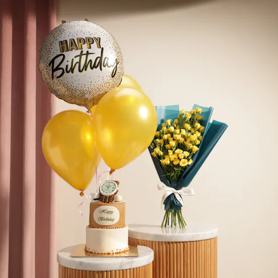 Floward Golden Moments Celebration Cake | Happy Birthday Flowers and Balloons