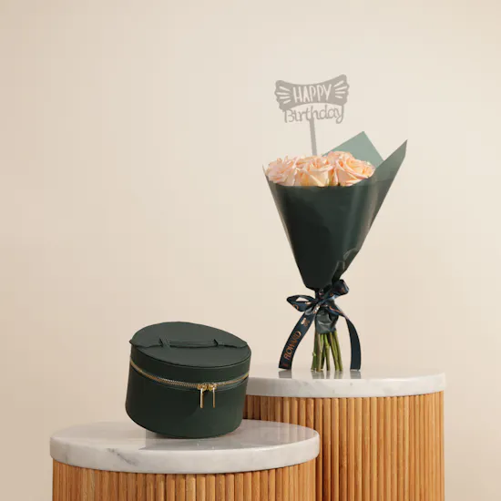 Feel Good Tea Green Leather Tea Box | Happy Birthday Flowers Bouquet