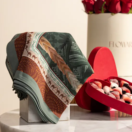 Emma Remal Scarf | Fleur Red Heart Chocolate Box and Flowers
