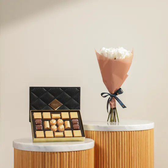 Bostani Signature Chocolate Box | Scarlet Elegance Flowers Bouquet
