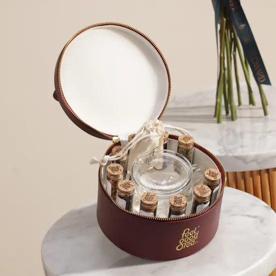 Feel Good Tea Leather Burgundy Box | Heartfelt Bloom