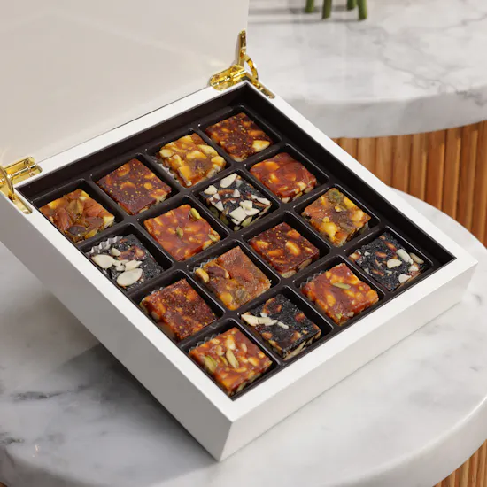 MyGovindas Zero Sugar Dry Fruit Chikki Wooden Box | Elegant Flower Bouquet
