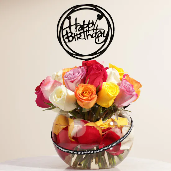 Happy Birthday Mixed Roses Vase