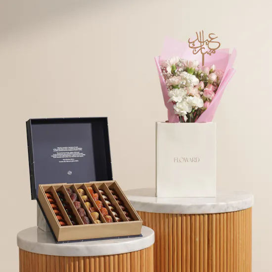 Nua Small Classic Signature Date and Chocolate Bonbon Box | Eid Elegance Flower Bouquet