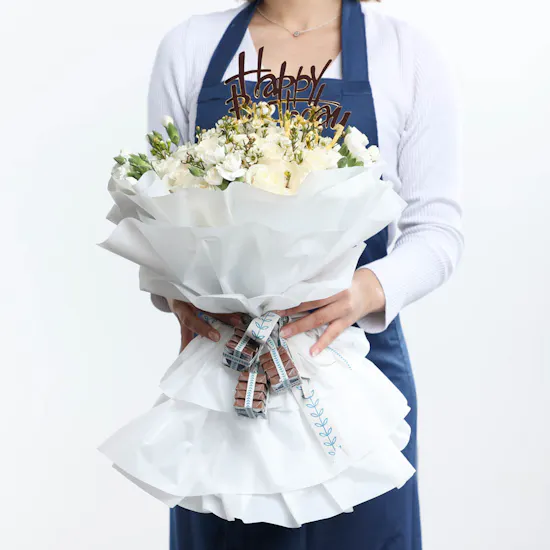 White Birthday Hand Bouquet With Chocolate