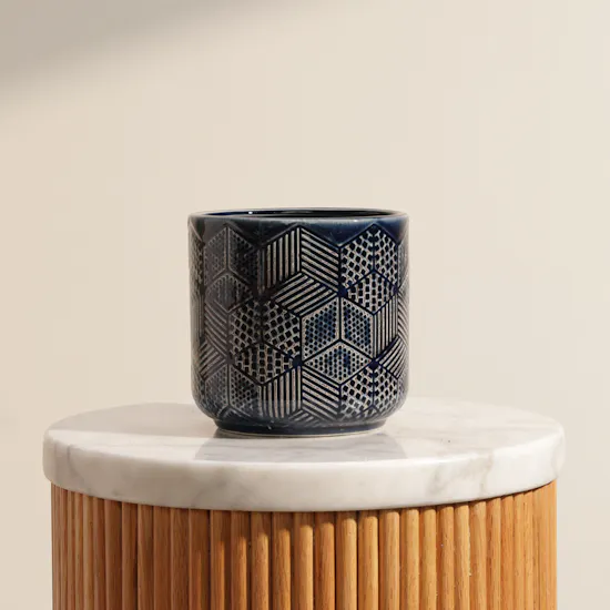 Floward Blue Geometric Pattern Cylinder Ceramic Vase