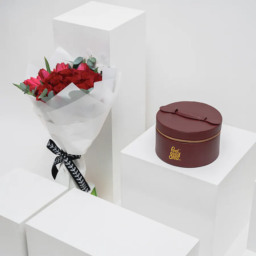 Feel Good Tea Burgundy Leather Tea Box | Red Blooms  2