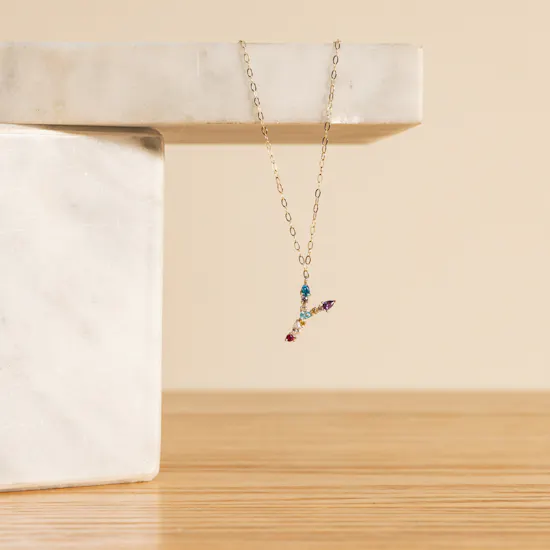 L'azurde Instyle Letter Y Colored Stones Gold Necklace