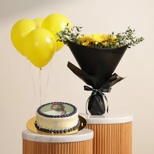 Floward Personalized Photo Chocolate Blue Cake | Elegant Flowers Bouquet and Yellow Balloons