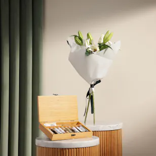 Feel Good Tea Wooden Box | White Lilies Bouquet Feel Good Tea Wooden Box | White Lilies Bouquet