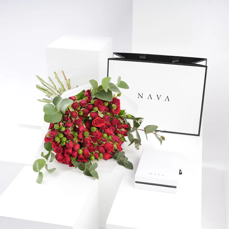 Nava Jewelry Two Layered Rose Gold Necklace | 25 Red Baby Roses Bouquet 1