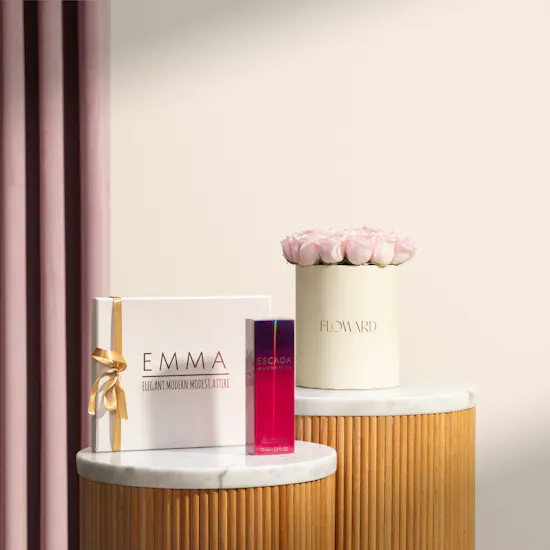Emma Signé Beige Chiffon Scarf | Escada Magnetism Perfume and Flowers