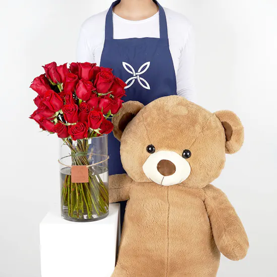 Large Red Roses Cylinder Vase with a Large Teddy Bear
