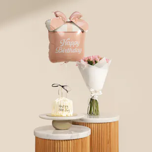 Sweet Atelier White Ropes Birthday Cake | Flowers Bouquet and Happy Birthday Balloon