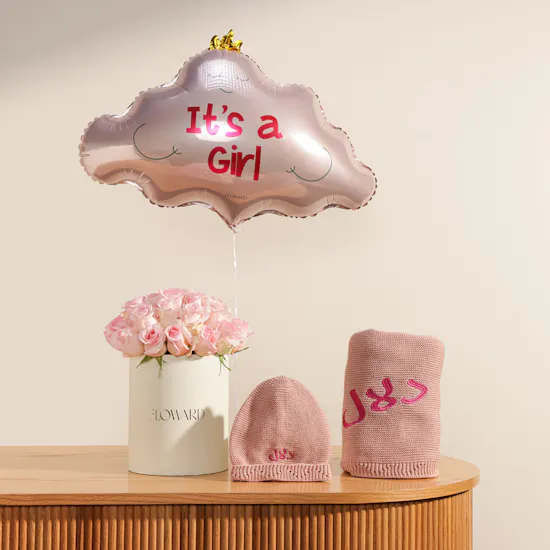 BelovedOne Personalized Pink Blanket and Baby Hat Set | It’s A Girl Balloon and Flowers