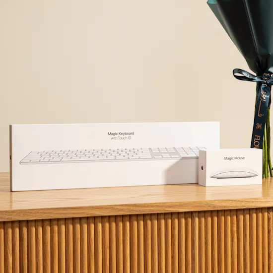 Apple White Magic Keyboard and Mouse Set | Birthday Balloon and Flowers