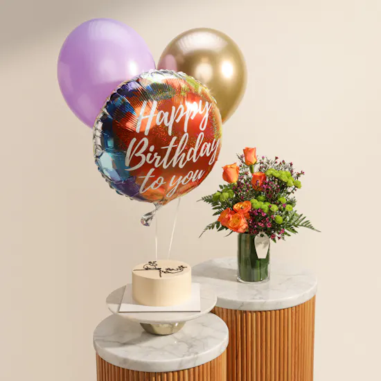 Floward Birthday Kick Age Meme Cake | Bright Flowers Vase and Balloons Set