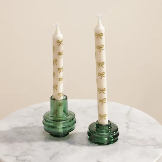 Melosa White Candles with Green Holder Set