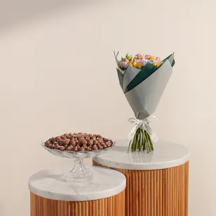 Rava Dried Figs Covered with Chocolates Crystal Tray | Soft Blossoms Bouquet