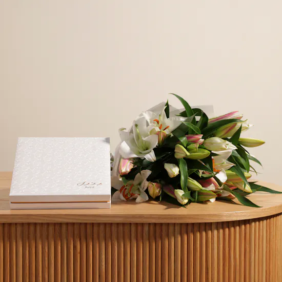 Bateel Alaska White Truffles Box | Lilies Bouquet