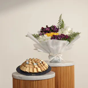 Bostani Assorted Chocolates Navy Leather Tray | Grand Flower Bouquet