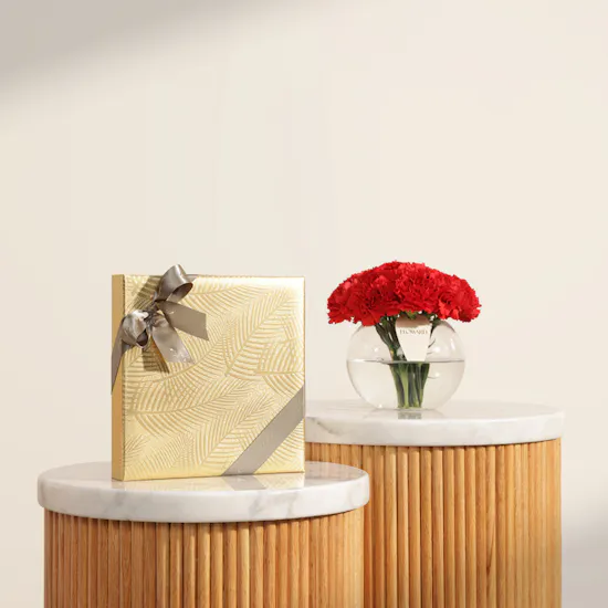 Bateel Gold Palm Mix Chocolates Box | Soft Presence Flowers Vase