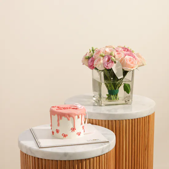 Floward Pink Ribbons Birthday Cake | Integrated Painting Flowers Vase