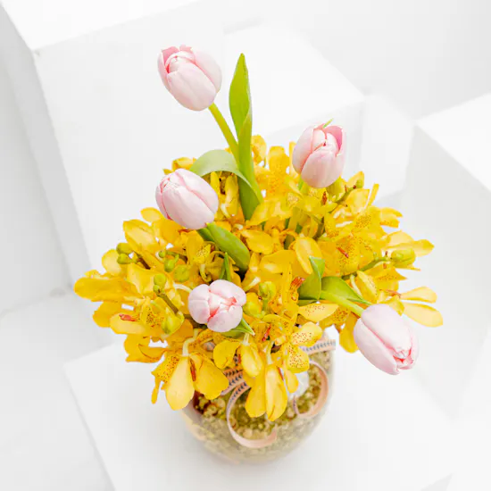 Pink Tulip & Yellow Orchid | Glass Vase