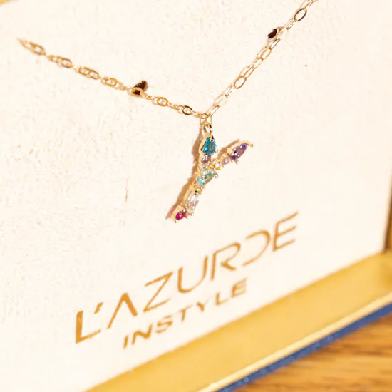 L'azurde Instyle Letter Y Colored Stones Gold Necklace