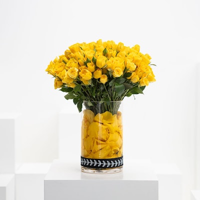 30 Yellow Roses & Baby Roses | Cylinder Vase