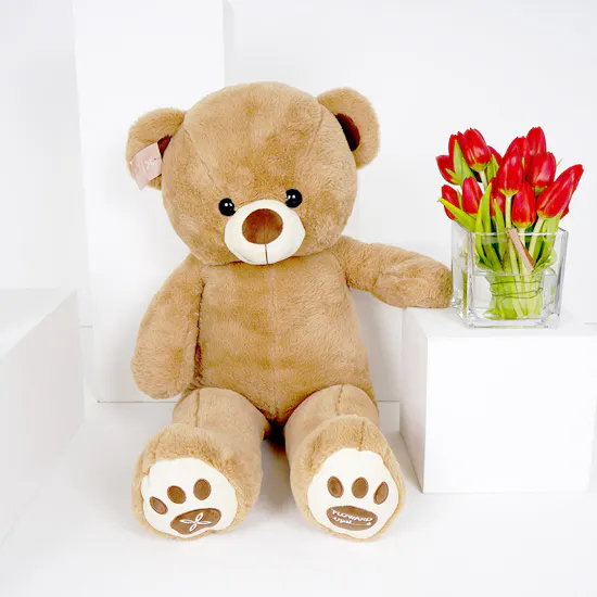 Red Tulips Square Vase | Medium Teddy Bear