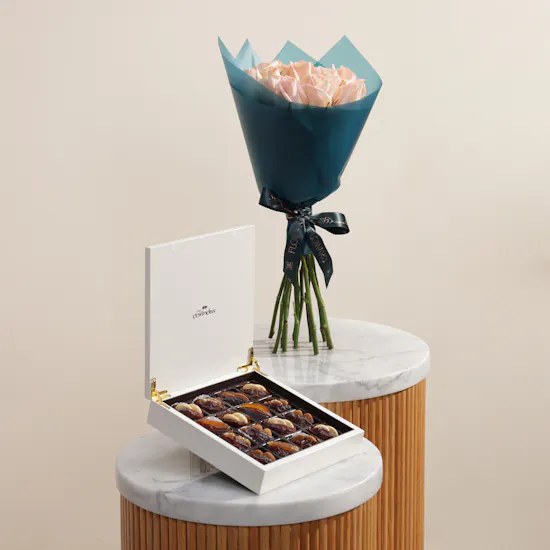 Mygovindas Wooden White Fancy Stuffed Dates Box | Harmonious Flower Bouquet